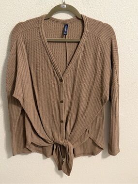 Tie-Front Waffle Knit Cardigan - Taupe